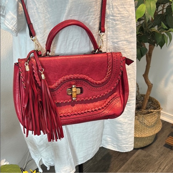 Le Miel Handbags - Elegant Red Vegan Leather Satchel with Tassels and Removable Shoulder Strap